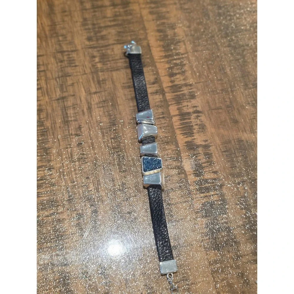 Robert Lee MillerBlack Leather Silver Tone Geometric Slider Bracelet - Picture 6 of 6